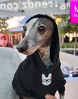 Dog Hoodie - Hoodies For Dogs - Italian Greyhound wearing "BRUH" dog hoodie in black with smirk faced Frenchie Bulldog with sunglasses on the front in white - being held outdoors - Wag Trendz