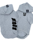 Dog Hoodie - Hoodies For Dogs - "BRUH" dog hoodie in gray - back with black BRUH sideways and front with black smirked face French Bulldog with sunglasses - against solid white background - Wag Trendz