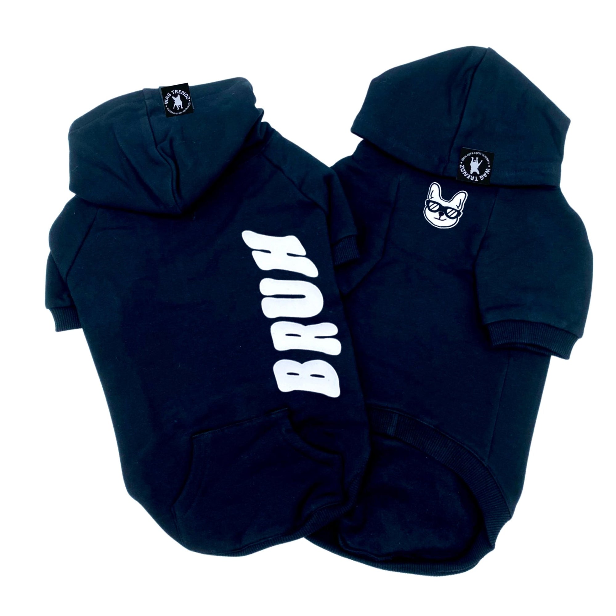 Dog Hoodie - Hoodies For Dogs - "BRUH" dog hoodie in black - back with white BRUH sideways and front with white smirk face French Bulldog with sunglasses - against solid white background - Wag Trendz