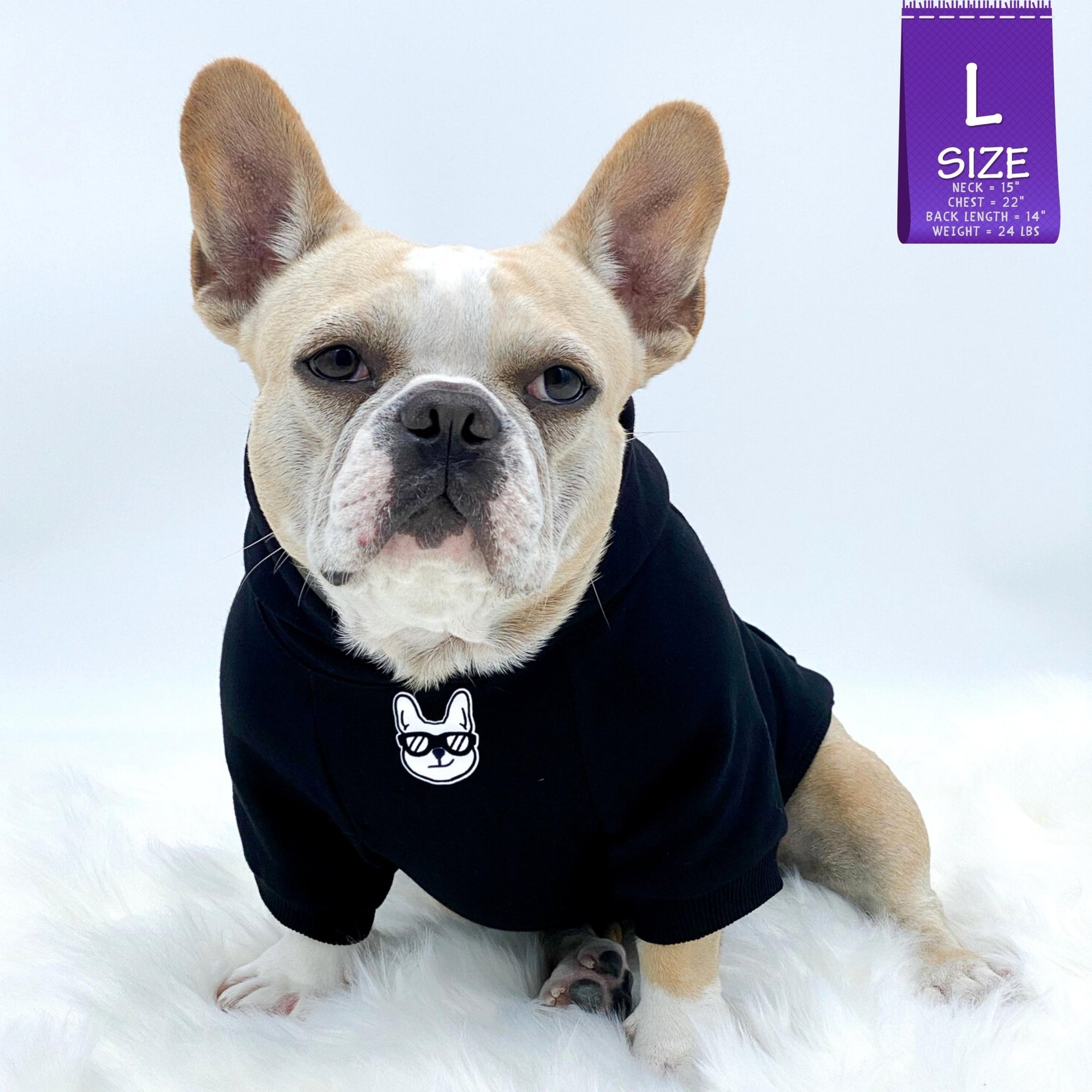 Dog Hoodie - Hoodies For Dogs - French Bulldog wearing &quot;BRUH&quot; dog hoodie in black with smirk faced Frenchie Bulldog with sunglasses on the front in white - against solid white background - Wag Trendz