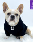 Dog Hoodie - Hoodies For Dogs - French Bulldog wearing "BRUH" dog hoodie in black with smirk faced Frenchie Bulldog with sunglasses on the front in white - against solid white background - Wag Trendz