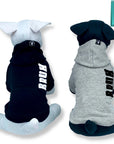Dog Hoodie - Hoodies For Dogs - Stuffed black and white dogs wearing "BRUH" dog hoodie in black with white lettering and gray with black lettering - back view - against solid white background - Wag Trendz