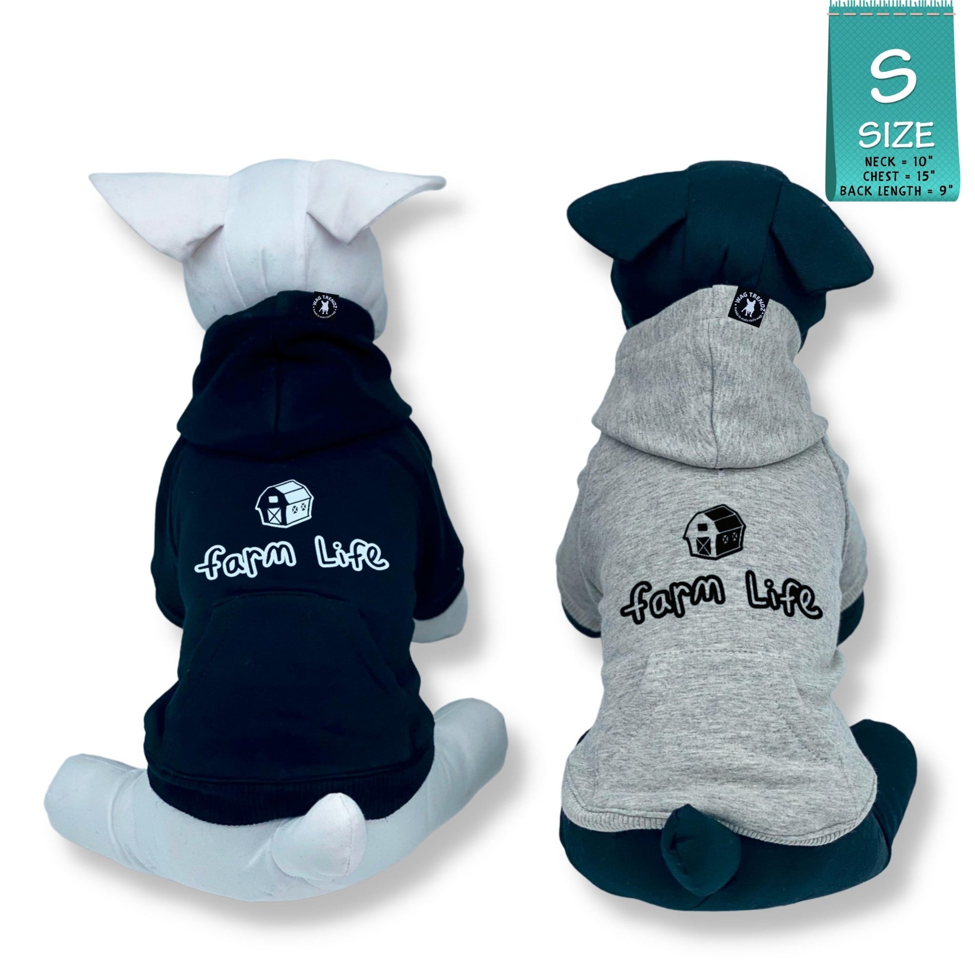 Dog Hoodie - Hoodies For Dogs - two stuffed dogs one white and one black wearing a &quot;Farm Life&quot; dog hoodie in black and gray - back view with Farm Life and a barn in black - against a solid white background - Wag Trendz