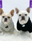 Dog Hoodie - Hoodies For Dogs - Frenchie Bulldogs wearing "Farm Life" dog hoodies in black and gray - front view with cute pig on front - against a solid white background - Wag Trendz