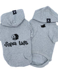 Dog Hoodie - Hoodies For Dogs - "Farm Life" dog hoodie in gray set front and back - Farm Life and barn on back and cute pig on front - against a solid white background - Wag Trendz