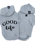 Dog Hoodie - Hoodies For Dogs - "Good Life" dog hoodie in gray - Good Life on the back and finger peace sign emoji on front chest in black- against solid white background - Wag Trendz