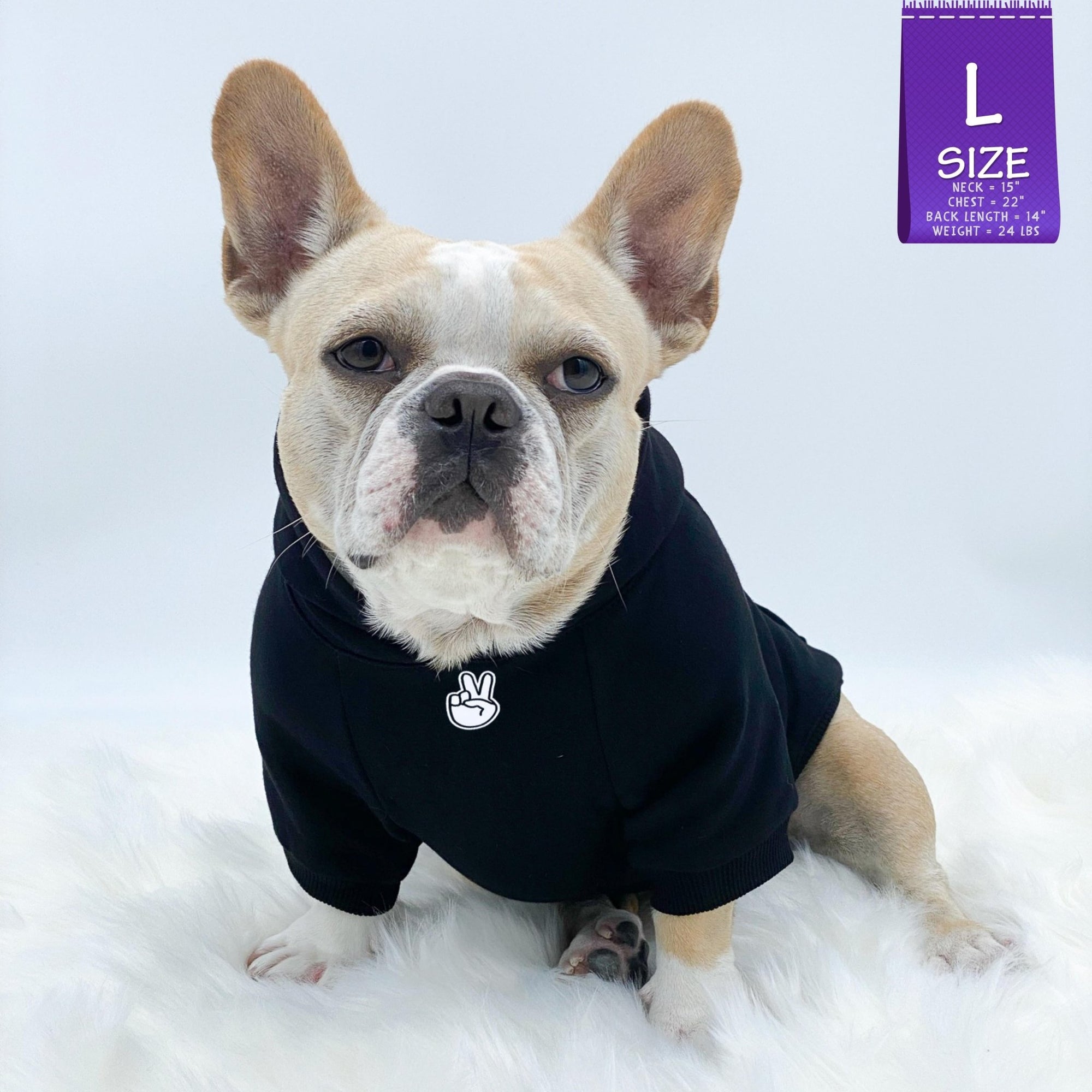 Dog Hoodie - Hoodies For Dogs - French Bulldog wearing &quot;Good Life&quot; dog hoodie in black - finger peace sign emoji on front chest in white - sitting down against solid white background - Wag Trendz