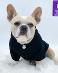 Dog Hoodie - Hoodies For Dogs - French Bulldog wearing "Good Life" dog hoodie in black - finger peace sign emoji on front chest in white - sitting down against solid white background - Wag Trendz