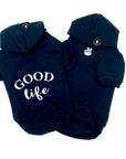 Dog Hoodie - Hoodies For Dogs - "Good Life" dog hoodie in black - Good Life on the back and finger peace sign emoji on front chest - against solid white background - Wag Trendz