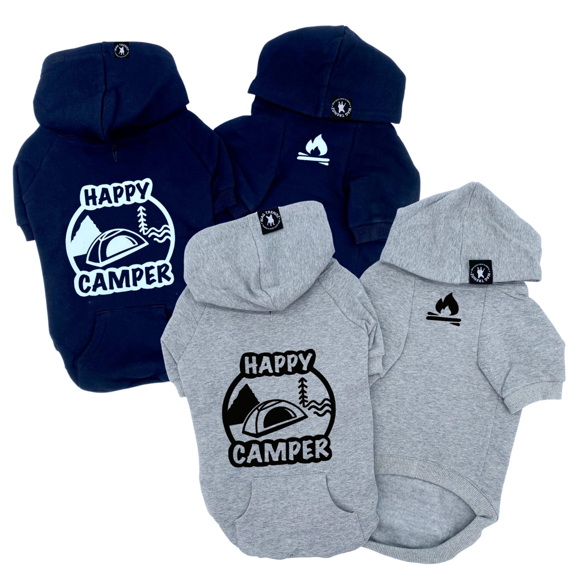 Dog Hoodie - Hoodies For Dogs - &quot;Happy Camper&quot; dog hoodies in black and gray sets - Happy Camper, tent, trees and stream on back and campfire emoji on front chest - against a solid white background - Wag Trendz