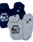 Dog Hoodie - Hoodies For Dogs - "Happy Camper" dog hoodies in black and gray sets - Happy Camper, tent, trees and stream on back and campfire emoji on front chest - against a solid white background - Wag Trendz