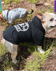 Dog Hoodie - Hoodies For Dogs - French Bulldog and Chihuahua wearing "Happy Camper" dog hoodie in black and gray respectively - with Happy Camper camping scene on the back - standing in a grassy field - Wag Trendz