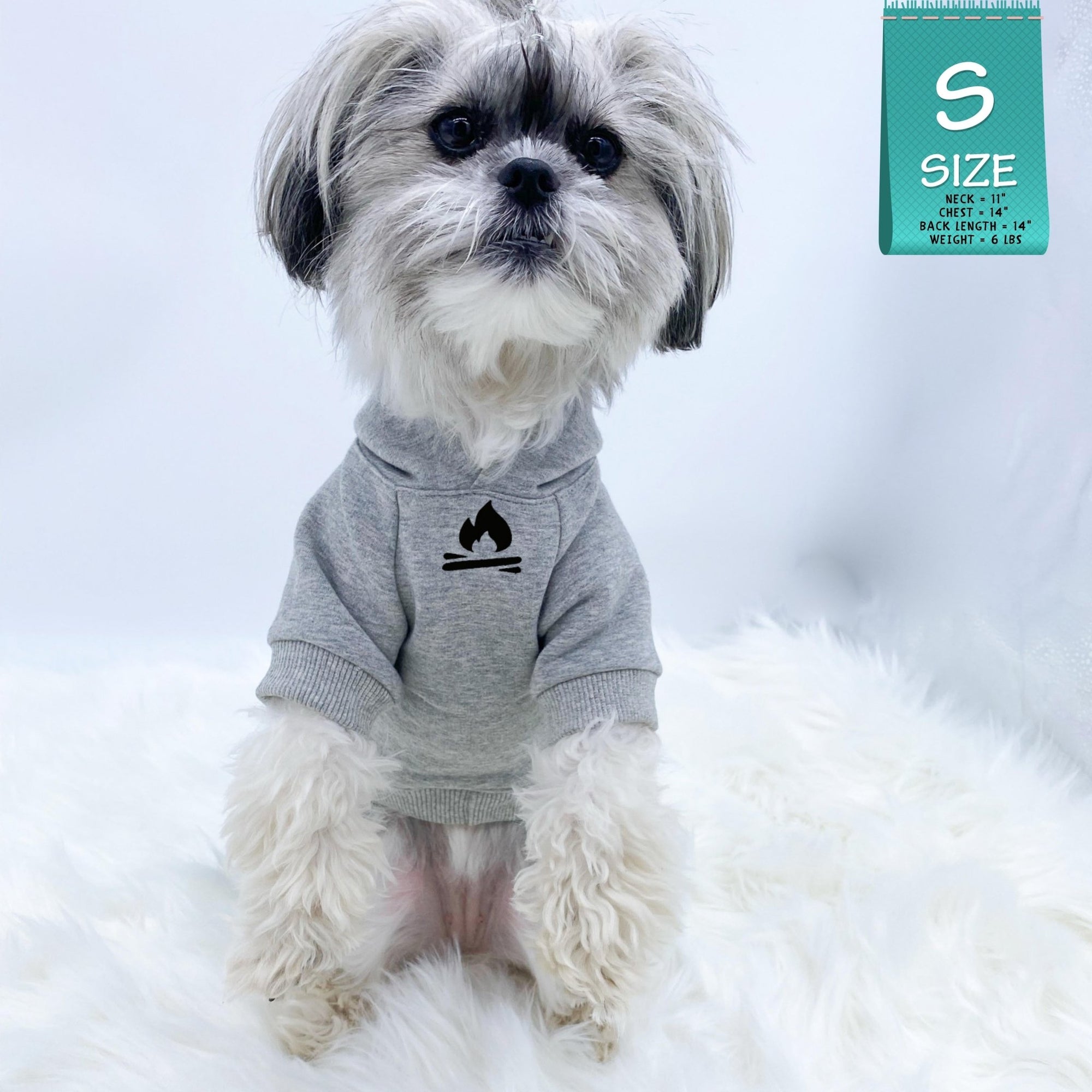 Dog Hoodie - Hoodies For Dogs - mix breed dog wearing &quot;Happy Camper&quot; dog hoodie in gray in a begging position - campfire emoji on front chest - against solid white background - Wag Trendz