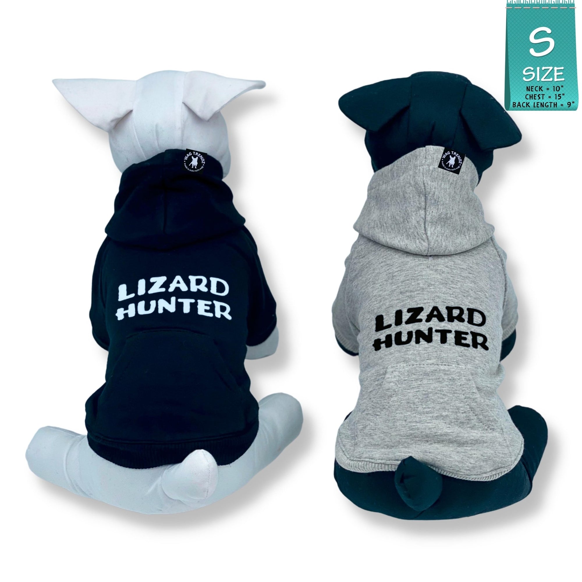 Dog Hoodie - Hoodies For Dogs - Two stuffed dogs one black one white &quot;Lizard Hunter&quot; dog hoodies in gray and black - back views has Lizard Hunter - against solid white background - Wag Trendz