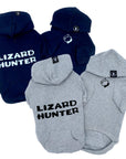 Dog Hoodie - Hoodies For Dogs - "Lizard Hunter" in gray and black sets - back has Lizard Hunter and front has two lizards emoji making a circle - against solid white background - Wag Trendz