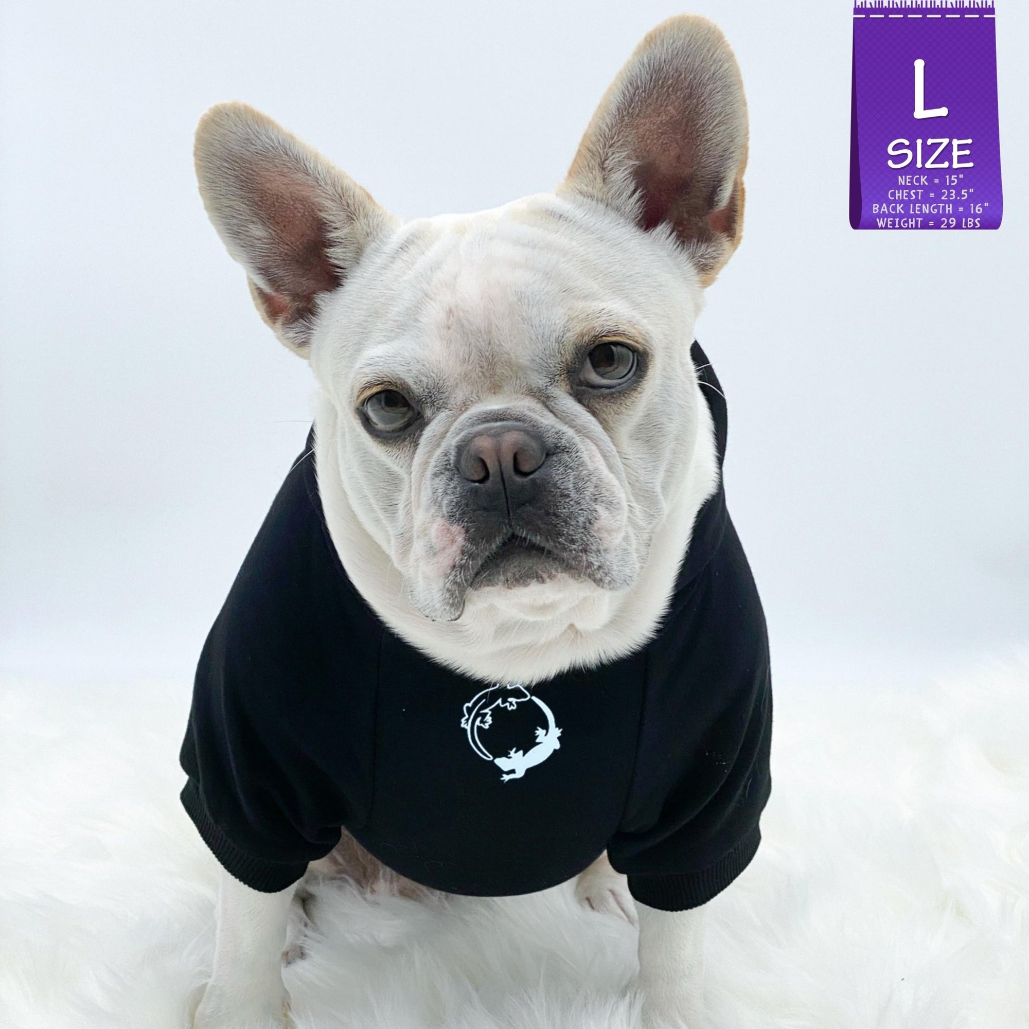 Dog Hoodie - Hoodies For Dogs - French Bulldog wearing &quot;Lizard Hunter&quot; dog hoodie in black - front chest has two lizards emoji making a circle - against solid white background - Wag Trendz