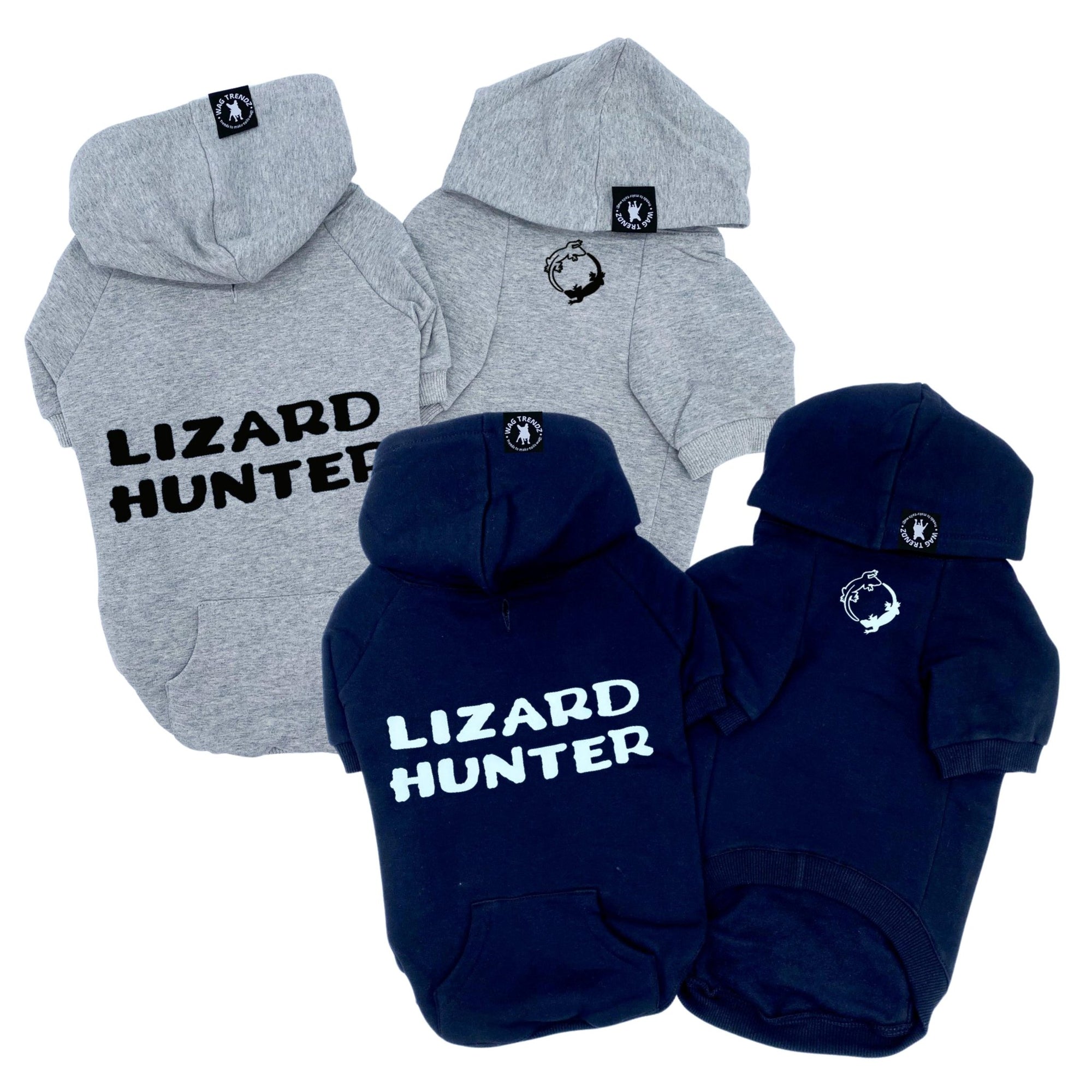 Dog Hoodie - Hoodies For Dogs - &quot;Lizard Hunter&quot; in black and gray sets - back has Lizard Hunter and front has two lizards emoji making a circle - against solid white background - Wag Trendz