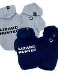 Dog Hoodie - Hoodies For Dogs - "Lizard Hunter" in black and gray sets - back has Lizard Hunter and front has two lizards emoji making a circle - against solid white background - Wag Trendz