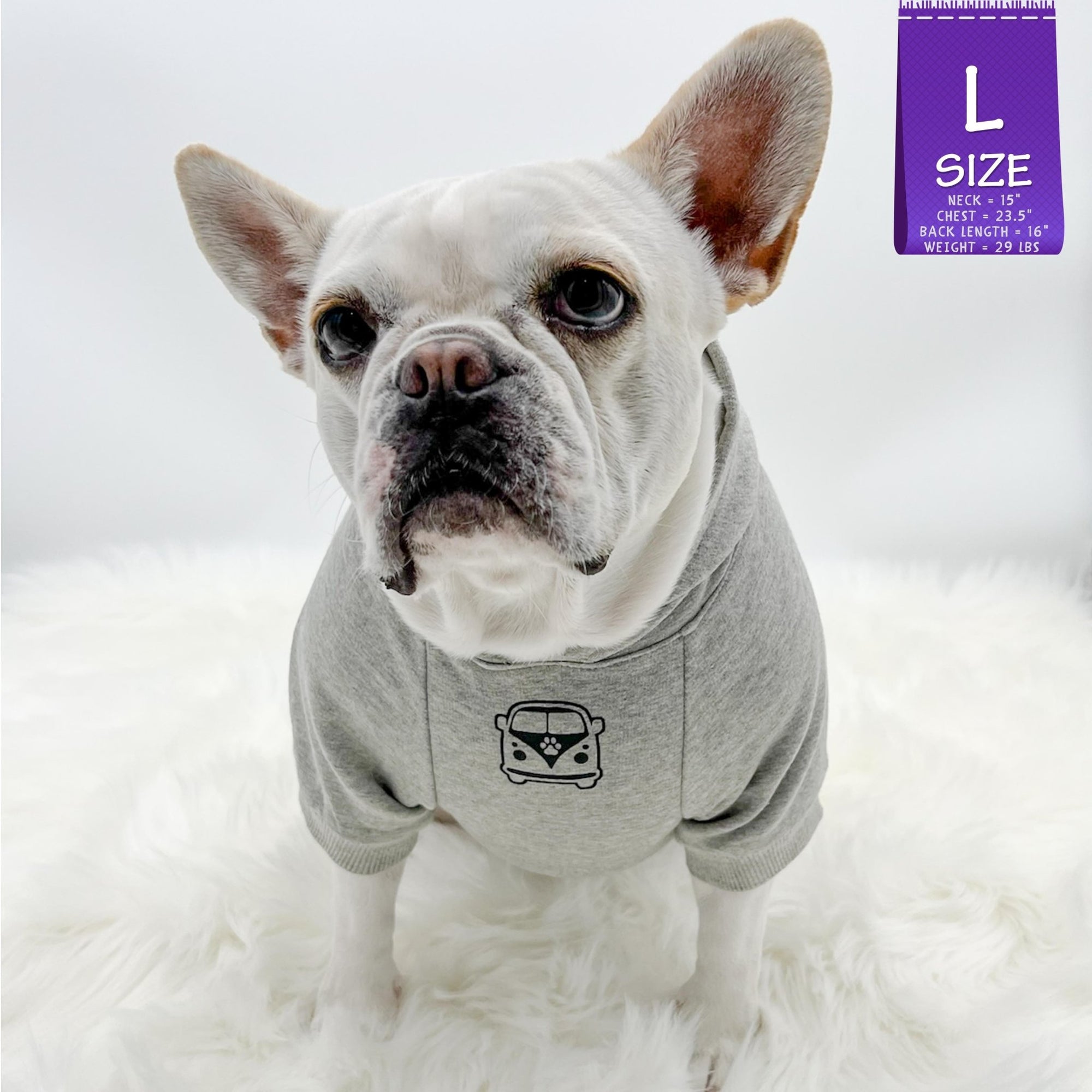 Dog Hoodie - Hoodies For Dogs - French Bulldog wearing &quot;Road Trip&quot; License Plate design in gray - Volkswagen Bus with paw print emoji on front chest - against solid white background - Wag Trendz