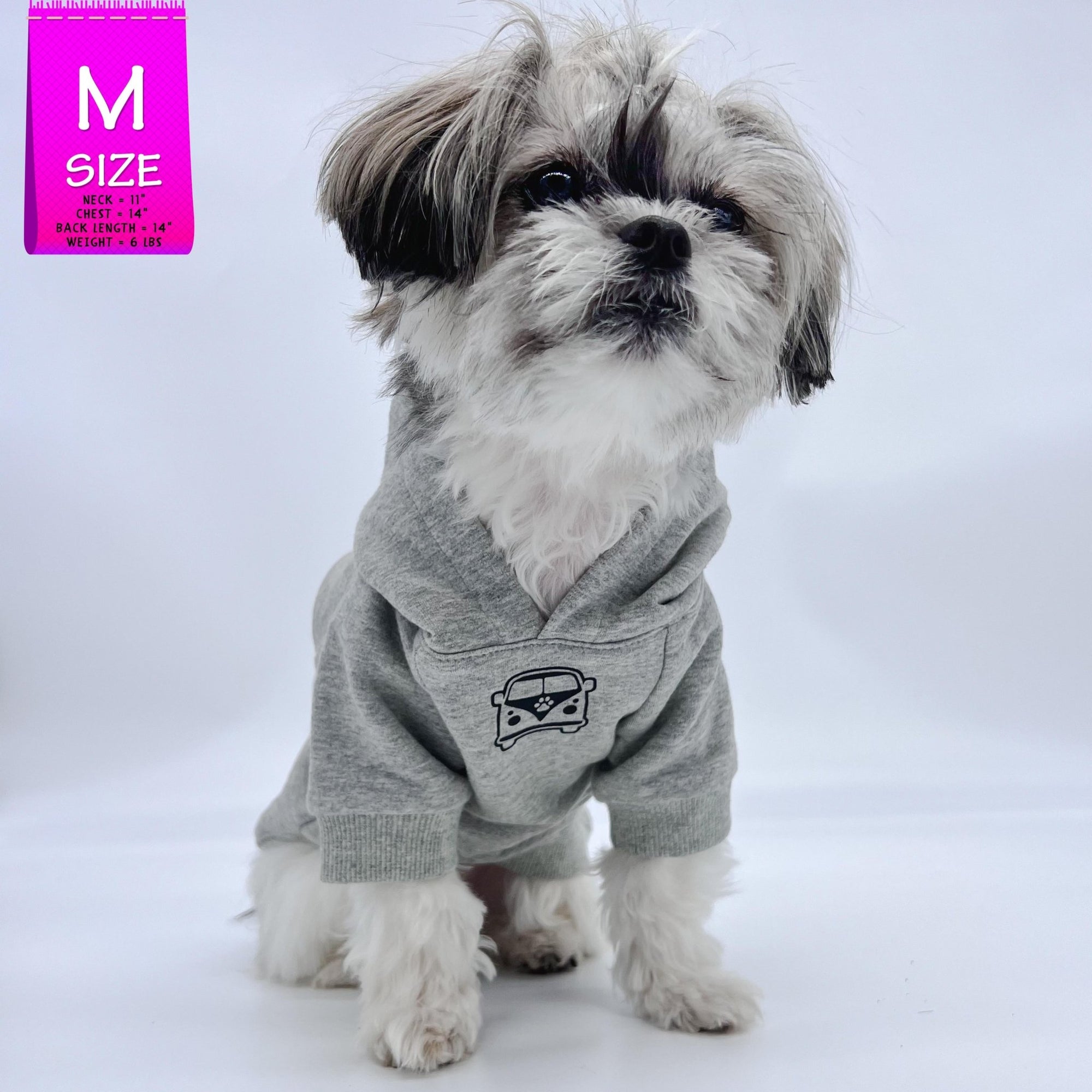 Dog Hoodie - Hoodies For Dogs - Shih Tzu mix wearing &quot;Road Trip&quot; License Plate design in gray - Volkswagen Bus with paw print emoji on front chest - against solid white background - Wag Trendz
