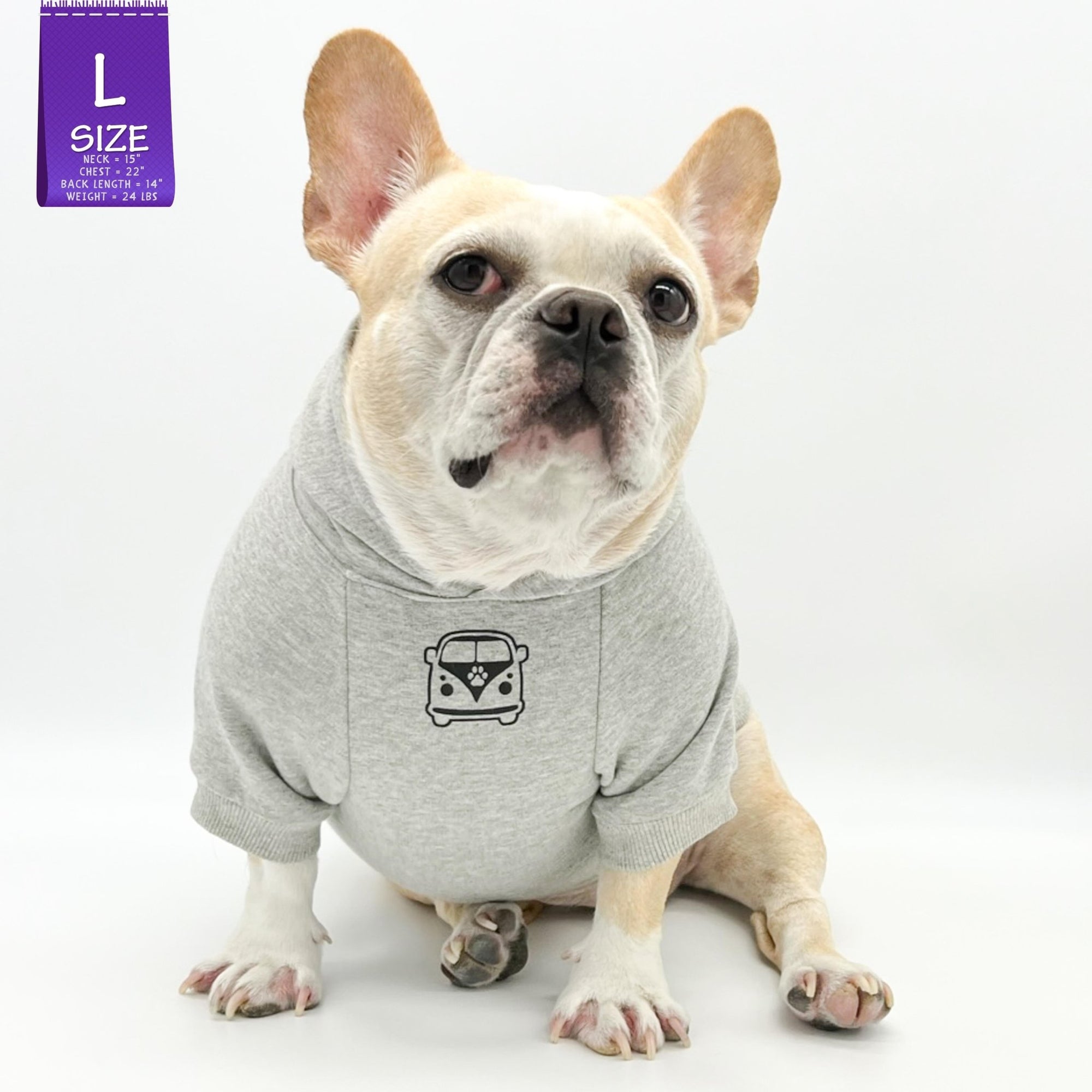 Dog Hoodie - Hoodies For Dogs - French Bulldog wearing &quot;Road Trip&quot; License Plate design in gray - Volkswagen Bus with paw print emoji on front chest - against solid white background - Wag Trendz