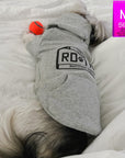 Dog Hoodie - Hoodies For Dogs - Shih Tzu mix wearing "Road Trip" License Plate design in gray - back view - laying on the bed sleeping with orange tennis ball toy - Wag Trendz