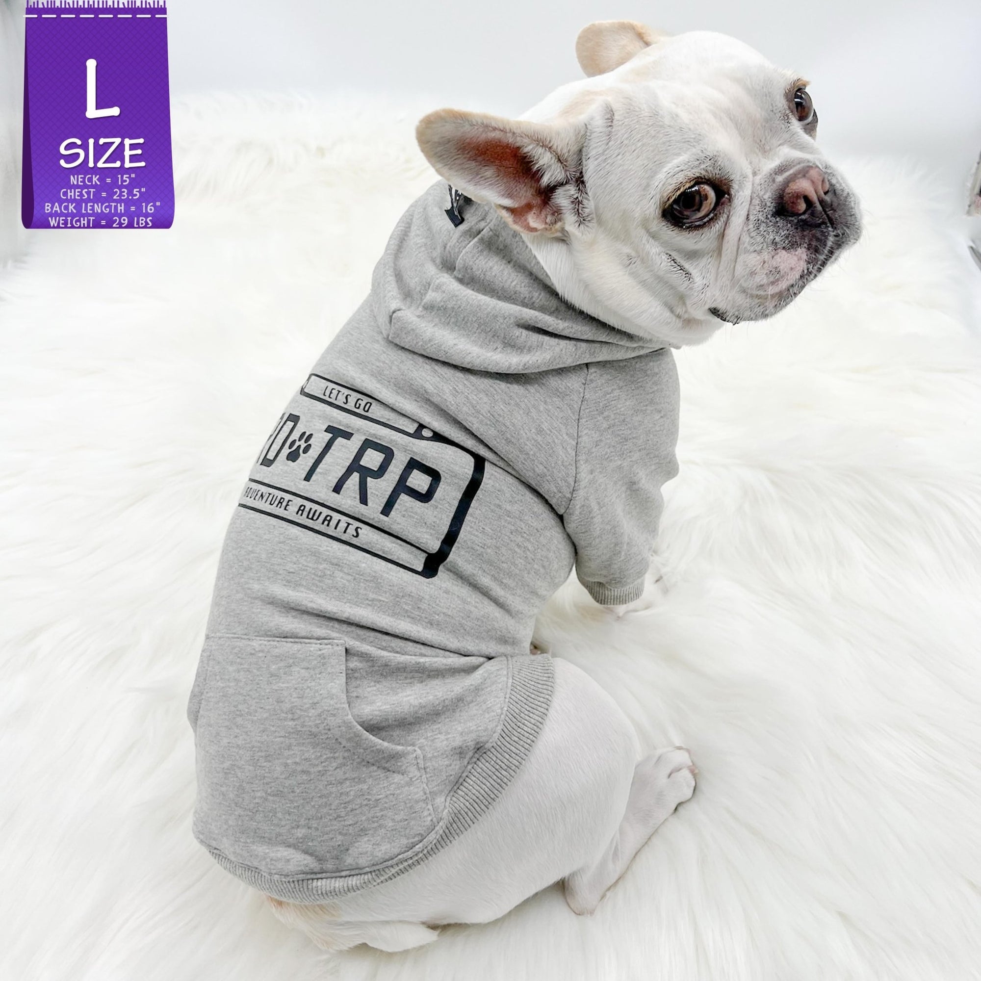 Dog Hoodie - Hoodies For Dogs - French Bulldog wearing &quot;Road Trip&quot; License Plate design in gray &amp; black sets - back view against solid white background - Wag Trendz