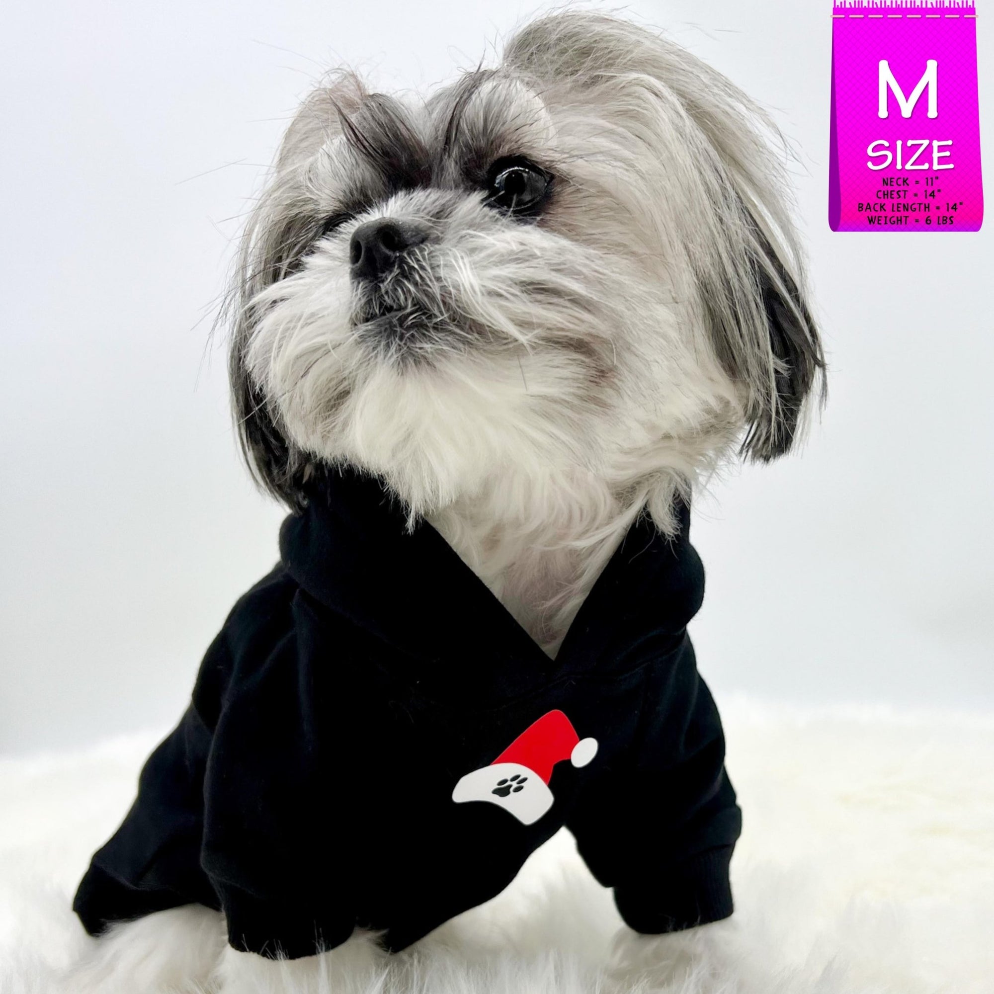 Dog Hoodie - Hoodies For Dogs - Shih Tzu wearing "Santa Paws" dog hoodie in black - front view with red and white santa hat emoji with black paw print - against solid white background - Wag Trendz