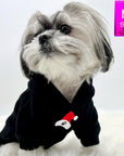 Dog Hoodie - Hoodies For Dogs - Shih Tzu wearing "Santa Paws" dog hoodie in black - front view with red and white santa hat emoji with black paw print - against solid white background - Wag Trendz