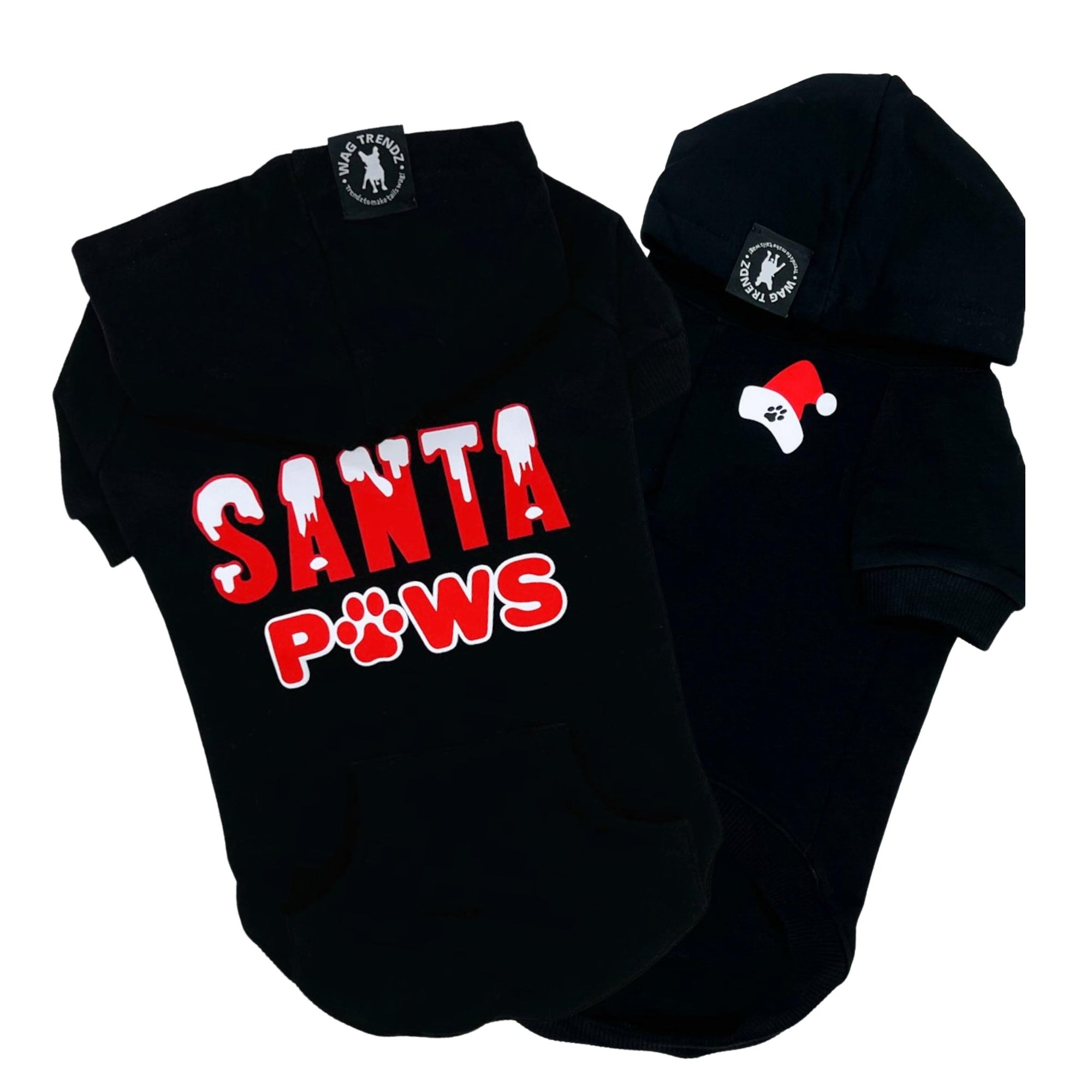 Dog Hoodie - Hoodies For Dogs - &quot;Santa Paws&quot; dog hoodie in black - back view is snow capped red and white SANTA letters with paws in red and white spelled with a paw - front view with red and white Santa hat emoji with black paw print- against solid white background - Wag Trendz