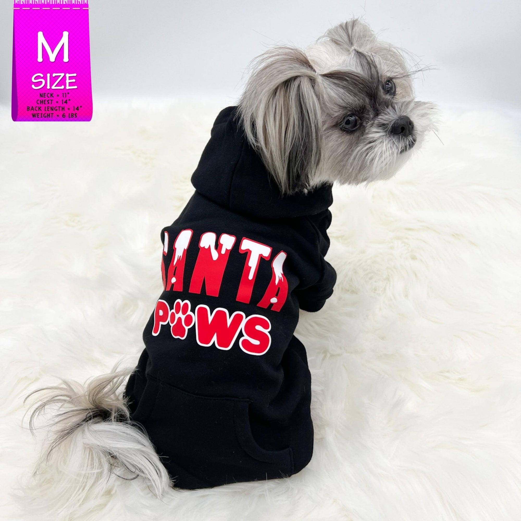 Dog Hoodie - Hoodies For Dogs - Shih Tzu wearing &quot;Santa Paws&quot; dog hoodie in black - back view is snow capped red and white SANTA letters with paws in red and white spelled with a paw - against solid white background - Wag Trendz