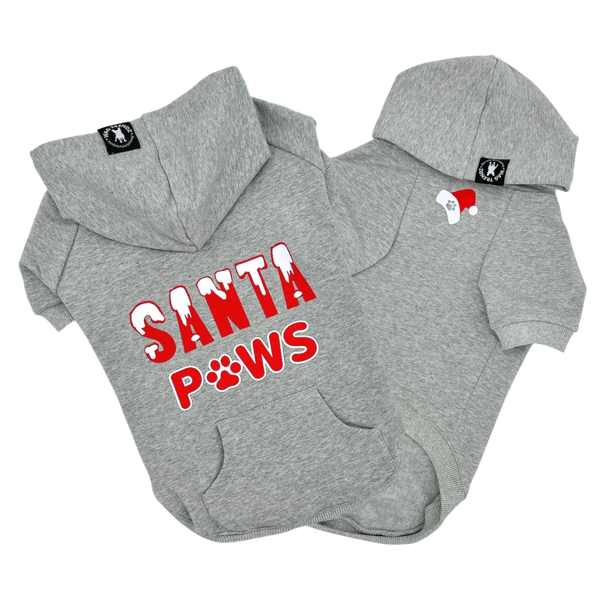 Dog Hoodie - Hoodies For Dogs - &quot;Santa Paws&quot; dog hoodie in gray - back view is snow capped red and white SANTA letters with paws in red and white spelled with a paw - front view with red and white Santa hat emoji with black paw print- against solid white background - Wag Trendz