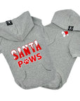 Dog Hoodie - Hoodies For Dogs - "Santa Paws" dog hoodie in gray - back view is snow capped red and white SANTA letters with paws in red and white spelled with a paw - front view with red and white Santa hat emoji with black paw print- against solid white background - Wag Trendz