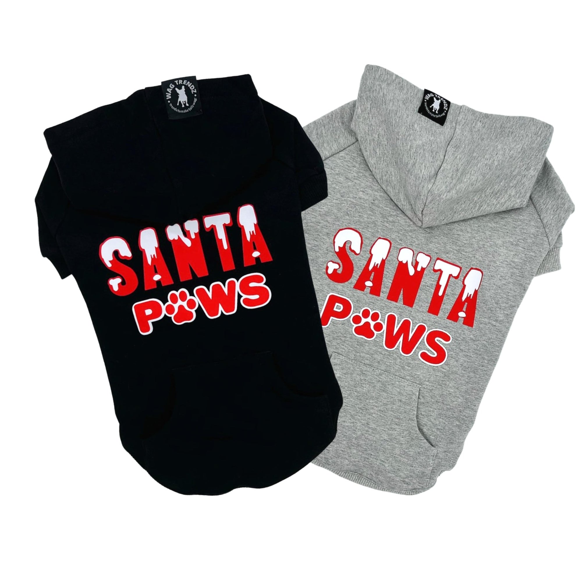 Dog Hoodie - Hoodies For Dogs - &quot;Santa Paws&quot; dog hoodies in black and gray - back view is snow capped red and white SANTA letters with paws in red and white spelled with a paw - against solid white background - Wag Trendz