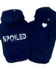 Dog Hoodie - Hoodies For Dogs - “SPOILED” dog hoodie in black set - back view has SPOILED and front chest has a solid heart emoji - against solid white background - Wag Trendz