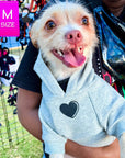 Dog Hoodie - Hoodies For Dogs - Terrier Small Dog wearing “SPOILED” dog hoodie in gray - front chest has a solid heart emoji - outside being held by a human - Wag Trendz