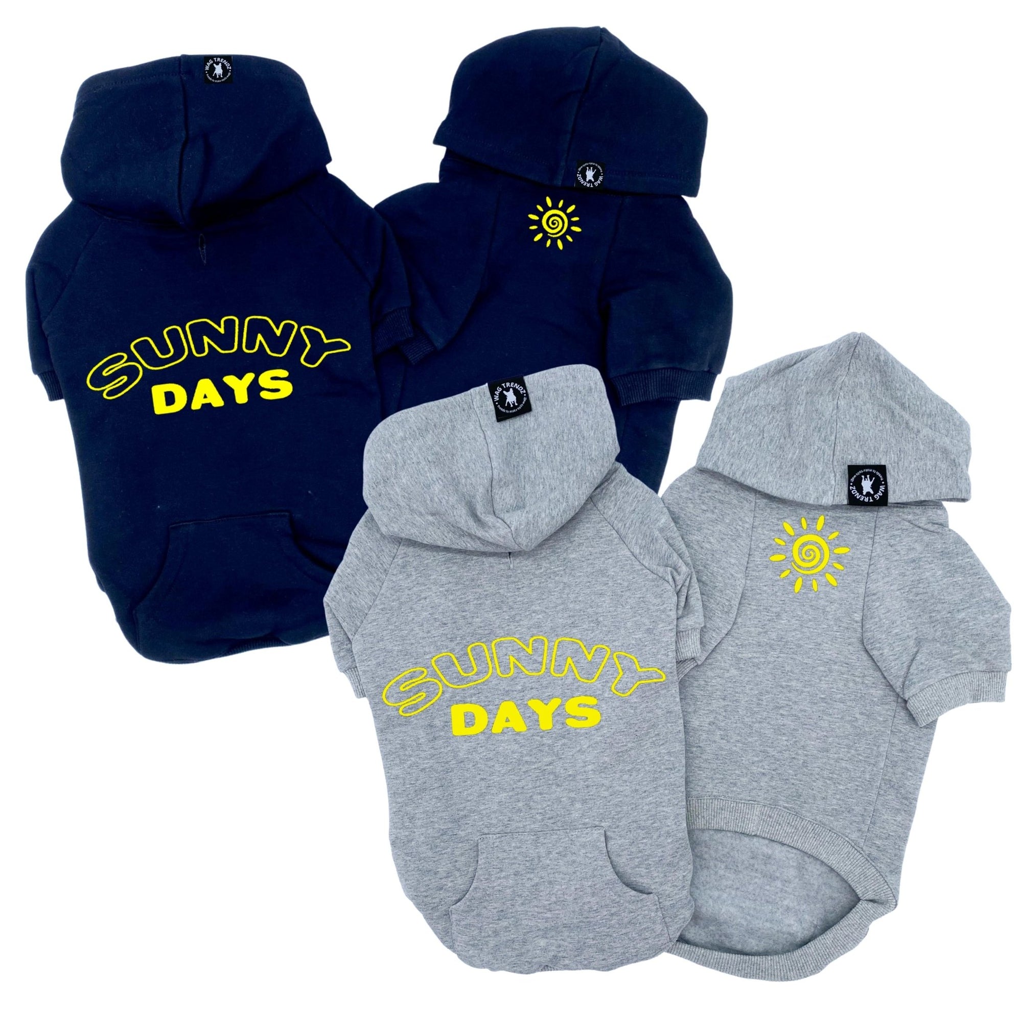 Dog hoodie - Hoodies For Dogs - "Sunny Days" dog hoodies in black and gray sets - back view says Sunny Days in yellow and front view has a modern yellow sunshine emoji - against solid white background - Wag Trendz