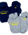 Dog hoodie - Hoodies For Dogs - "Sunny Days" dog hoodies in black and gray sets - back view says Sunny Days in yellow and front view has a modern yellow sunshine emoji - against solid white background - Wag Trendz