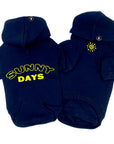 Dog hoodie - Hoodies For Dogs - "Sunny Days" dog hoodies in black set - back view says Sunny Days in yellow and front view has a modern yellow sunshine emoji - against solid white background - Wag Trendz