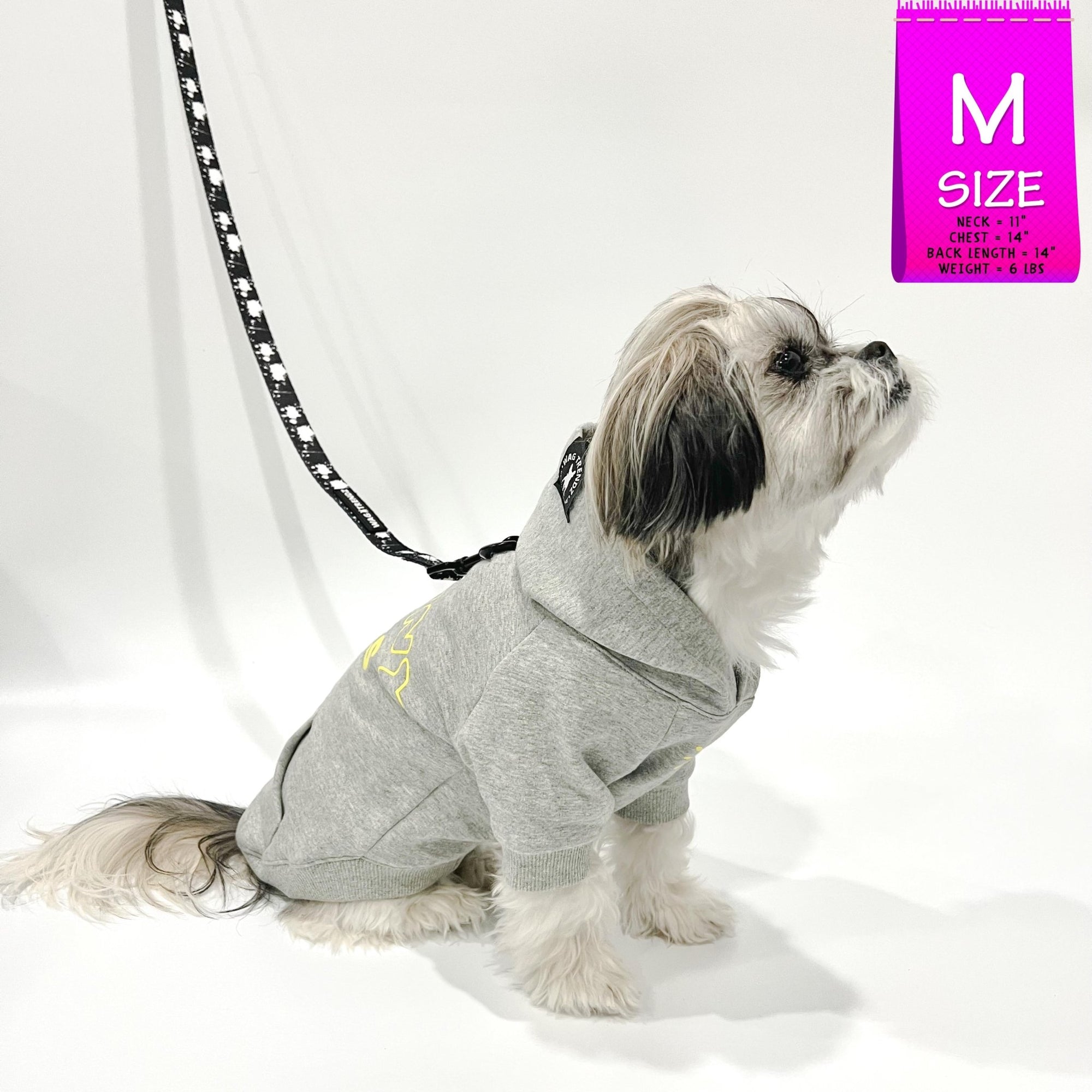 Dog hoodie - Hoodies For Dogs - Shih Tzu mix wearing &quot;Sunny Days&quot; dog hoodie in gray - side view with dog leash attached through leash hole - against solid white background - Wag Trendz