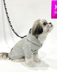 Dog hoodie - Hoodies For Dogs - Shih Tzu mix wearing "Sunny Days" dog hoodie in gray - side view with dog leash attached through leash hole - against solid white background - Wag Trendz