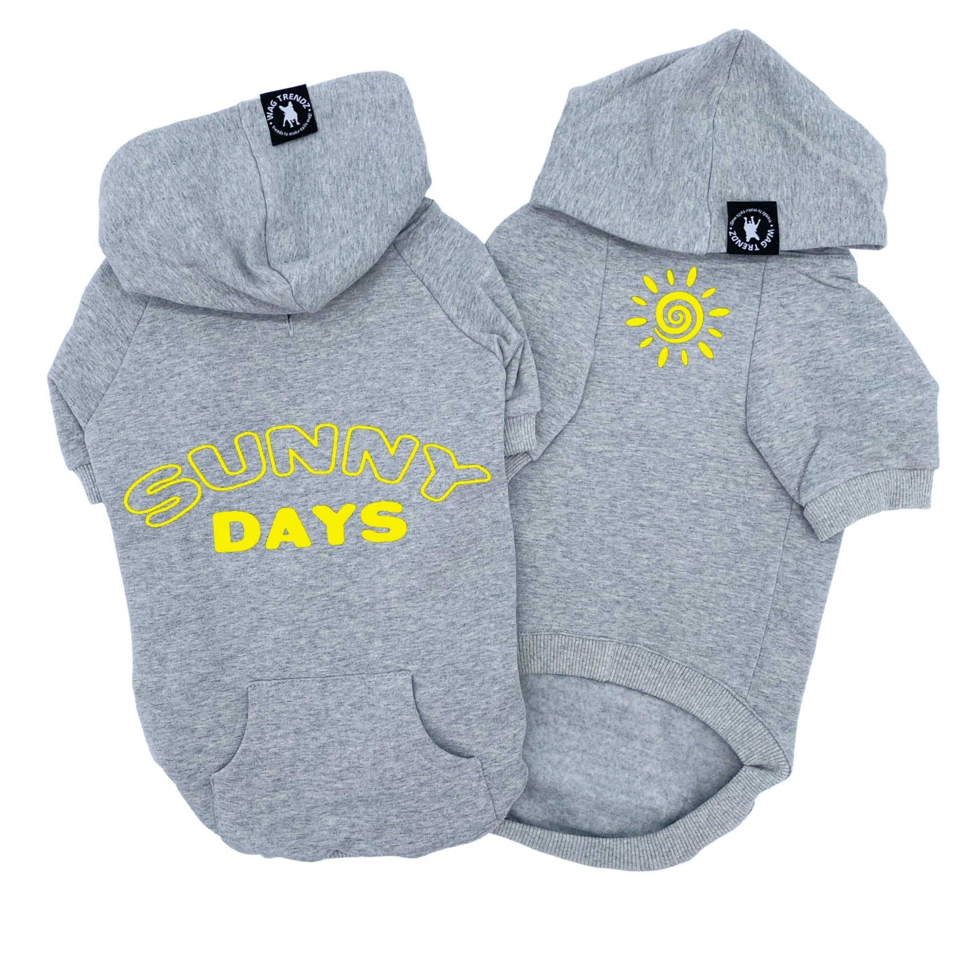 Dog hoodie - Hoodies For Dogs - &quot;Sunny Days&quot; dog hoodies in gray set - back view says Sunny Days in yellow and front view has a modern yellow sunshine emoji - against solid white background - Wag Trendz