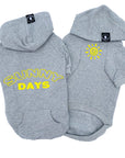 Dog hoodie - Hoodies For Dogs - "Sunny Days" dog hoodies in gray set - back view says Sunny Days in yellow and front view has a modern yellow sunshine emoji - against solid white background - Wag Trendz