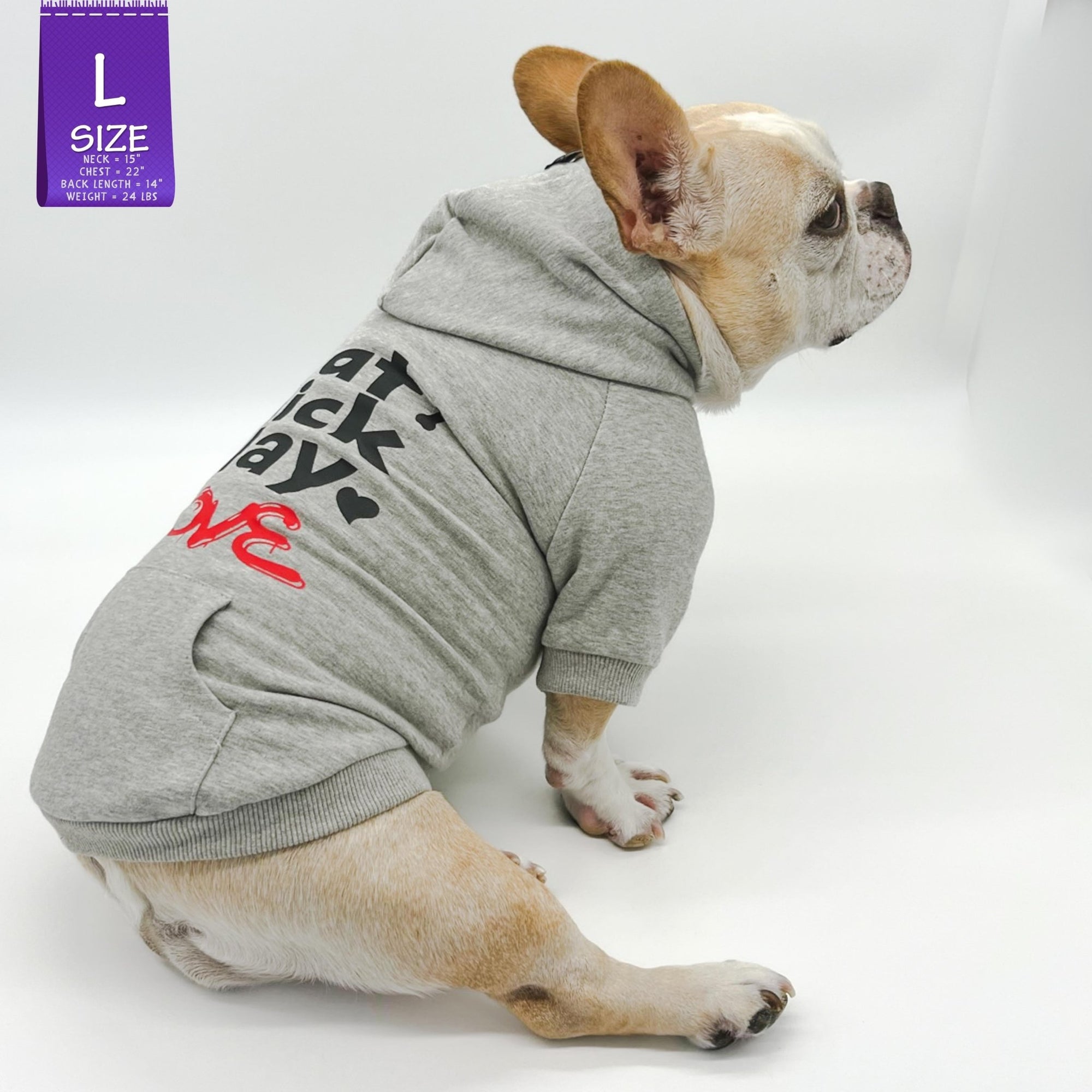 Dog hoodie - Hoodies For Dogs - French Bulldog wearing Valentine &quot;eat lick play LOVE&quot; graphic dog hoodie - gray with red accents - against solid white background - Wag Trendz