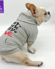 Dog hoodie - Hoodies For Dogs - French Bulldog wearing Valentine "eat lick play LOVE" graphic dog hoodie - gray with red accents - against solid white background - Wag Trendz