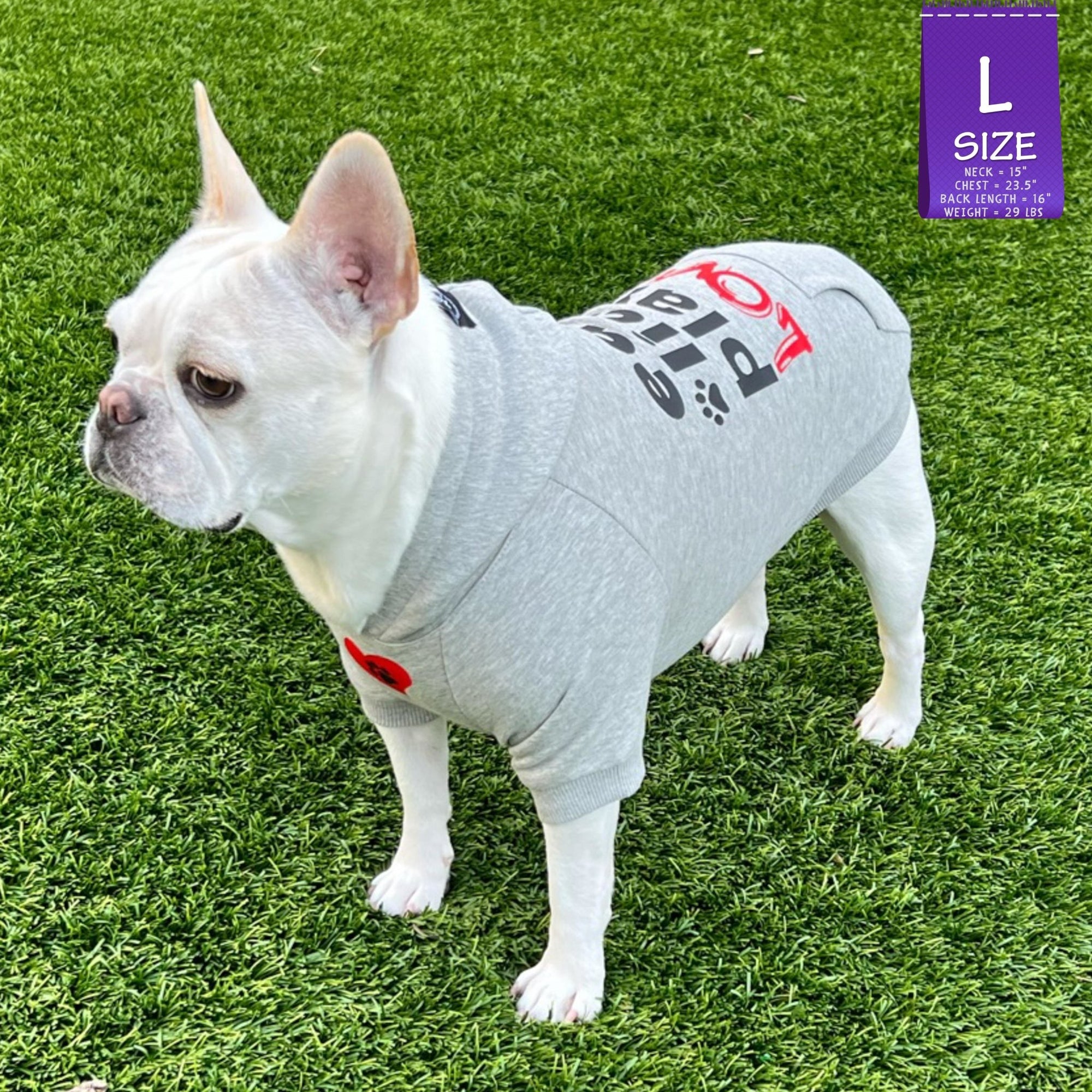 Dog hoodie - Hoodies For Dogs - French Bulldog wearing Valentine &quot;eat lick play LOVE&quot; dog hoodie - gray with red heart and black paw emoji on the front - standing outdoors in the grass - Wag Trendz