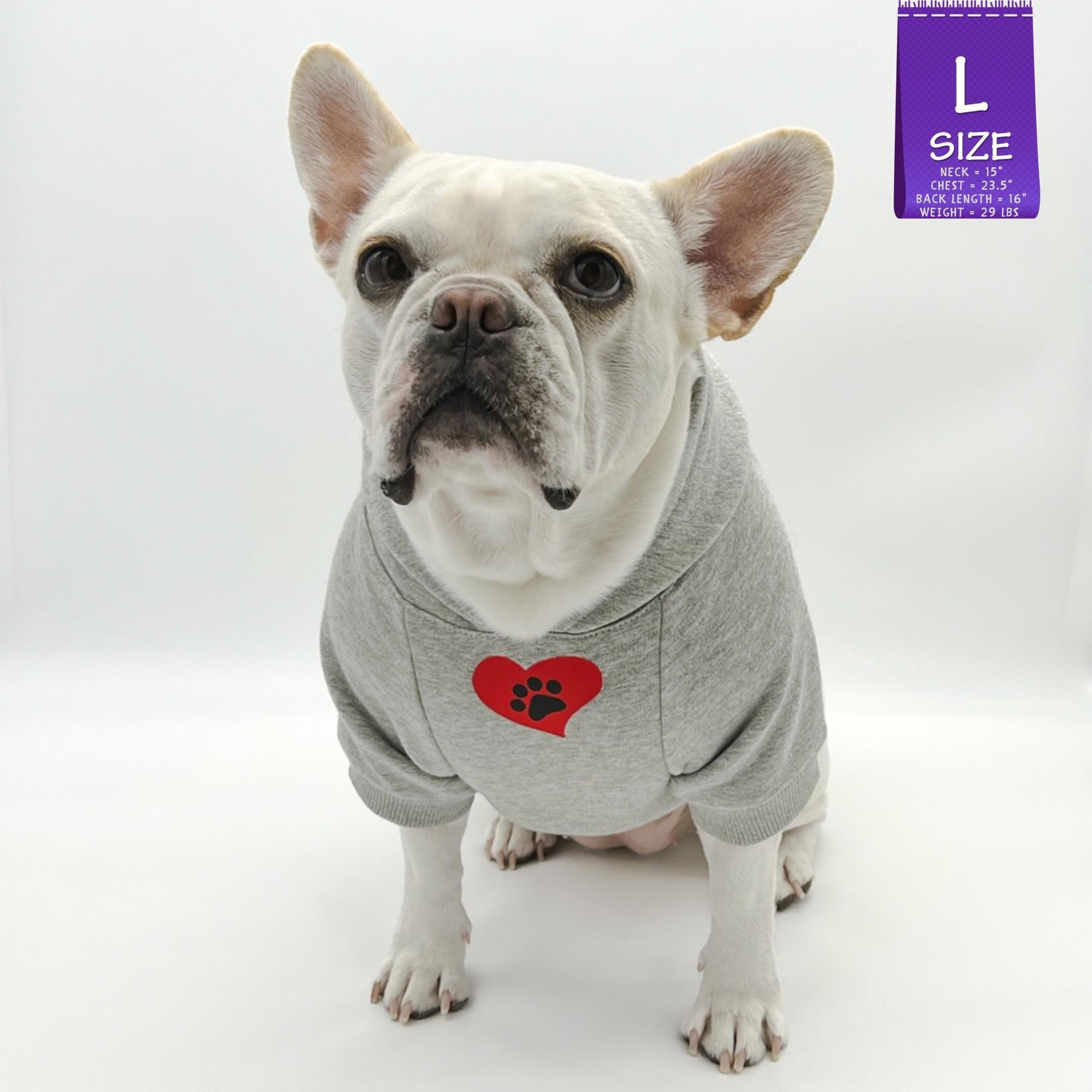 Dog hoodie - Hoodies For Dogs - French Bulldog wearing Valentine &quot;eat lick play LOVE&quot; graphic dog hoodie - front view gray with red heart black paw emoji on chest - against solid white background - Wag Trendz