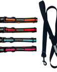 Dog Leash and Collar Set - Four Black Dog Collars with bold Orange, Red, Teal and Hot Pink Stripes with solid black adjustable leash - against solid white background - Wag Trendz