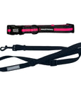 Dog Leash and Collar Set - Black Dog Collar with bold Hot Pink Stripe with solid black adjustable leash in medium - against solid white background - Wag Trendz