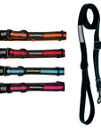 Dog Leash and Collar Set - Four Black Dog Collars with bold Orange, Red, teal and Hot Pink Stripes with solid black adjustable leash - against solid white background - Wag Trendz